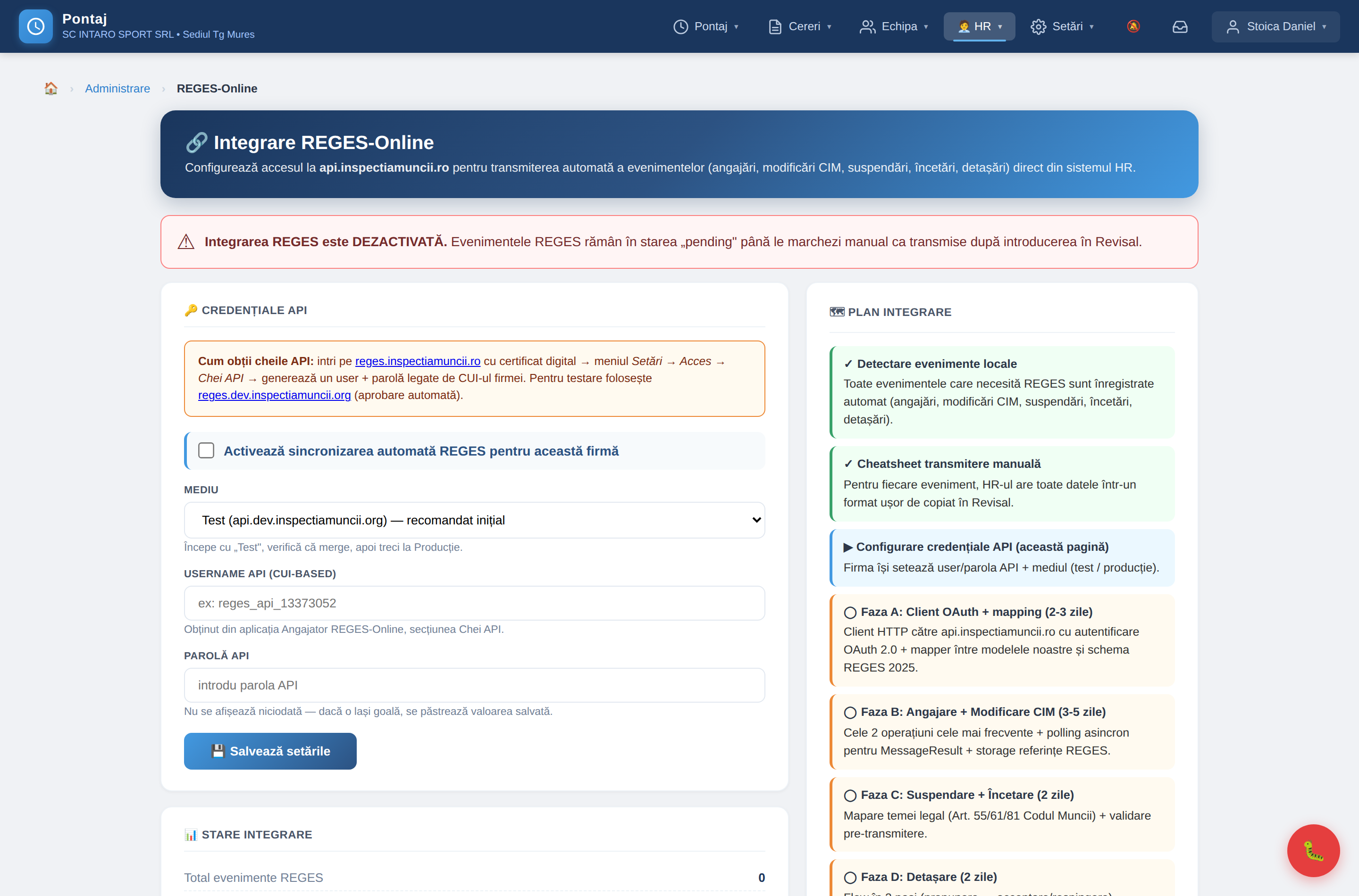 REGES integration settings