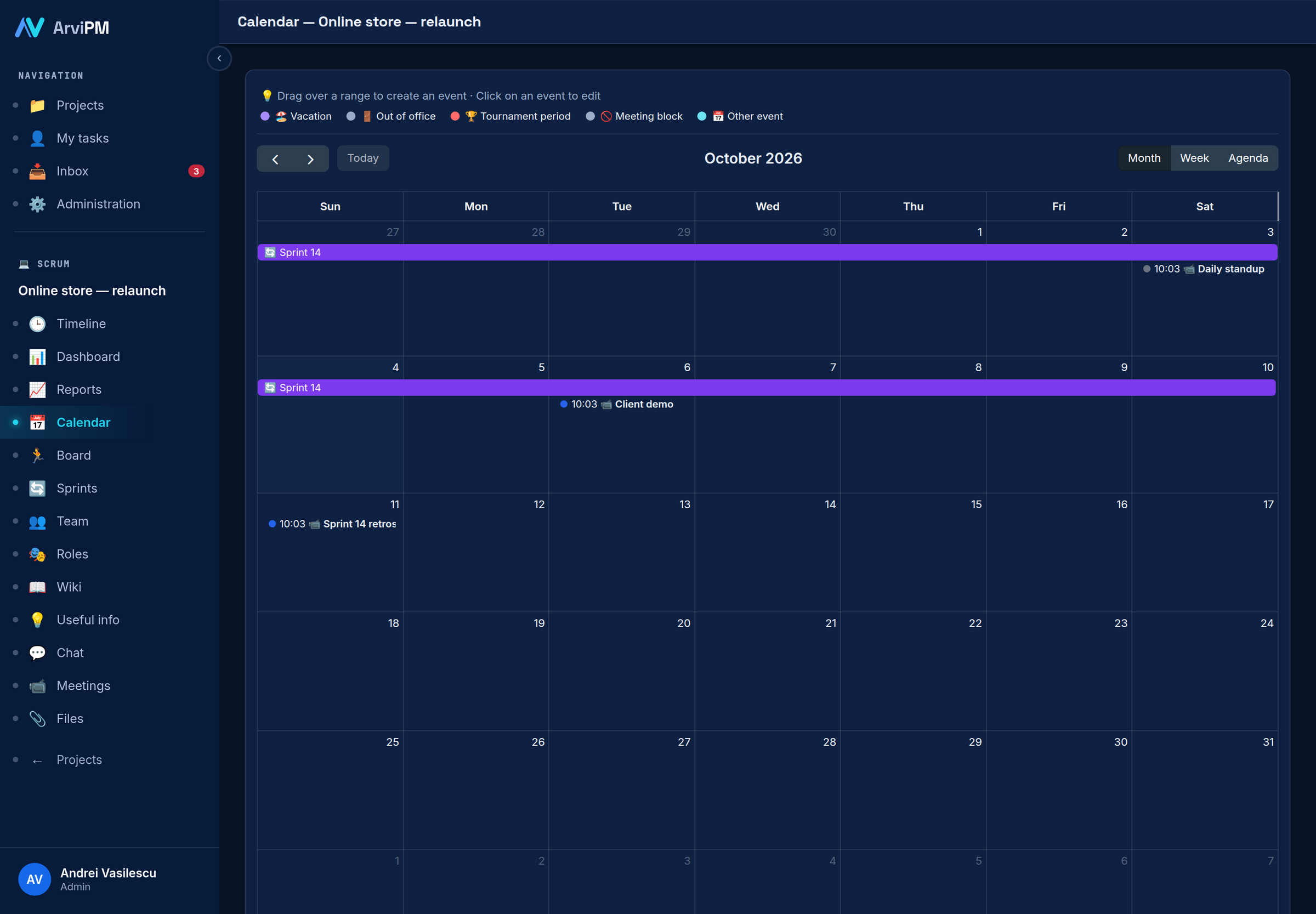 Calendar cu evenimente și sprinturi