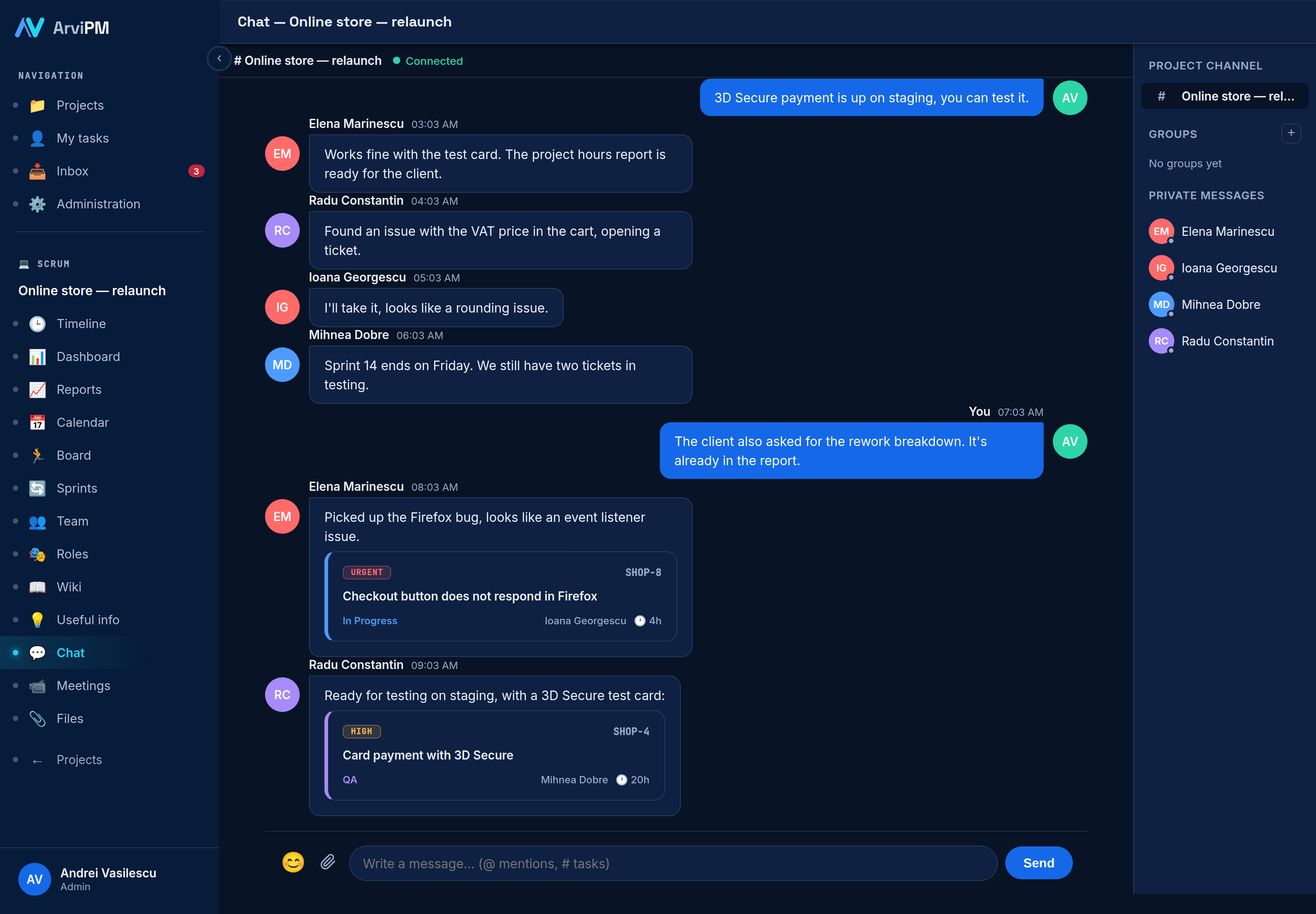 Chat de proiect, cu grupuri și mesaje private