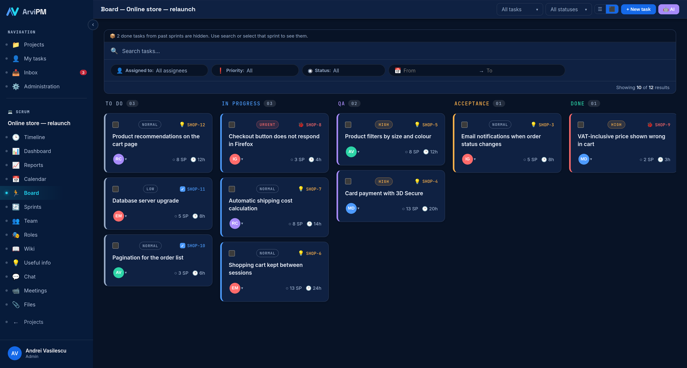 Board kanban ArviPM, cu coloane de la „de făcut