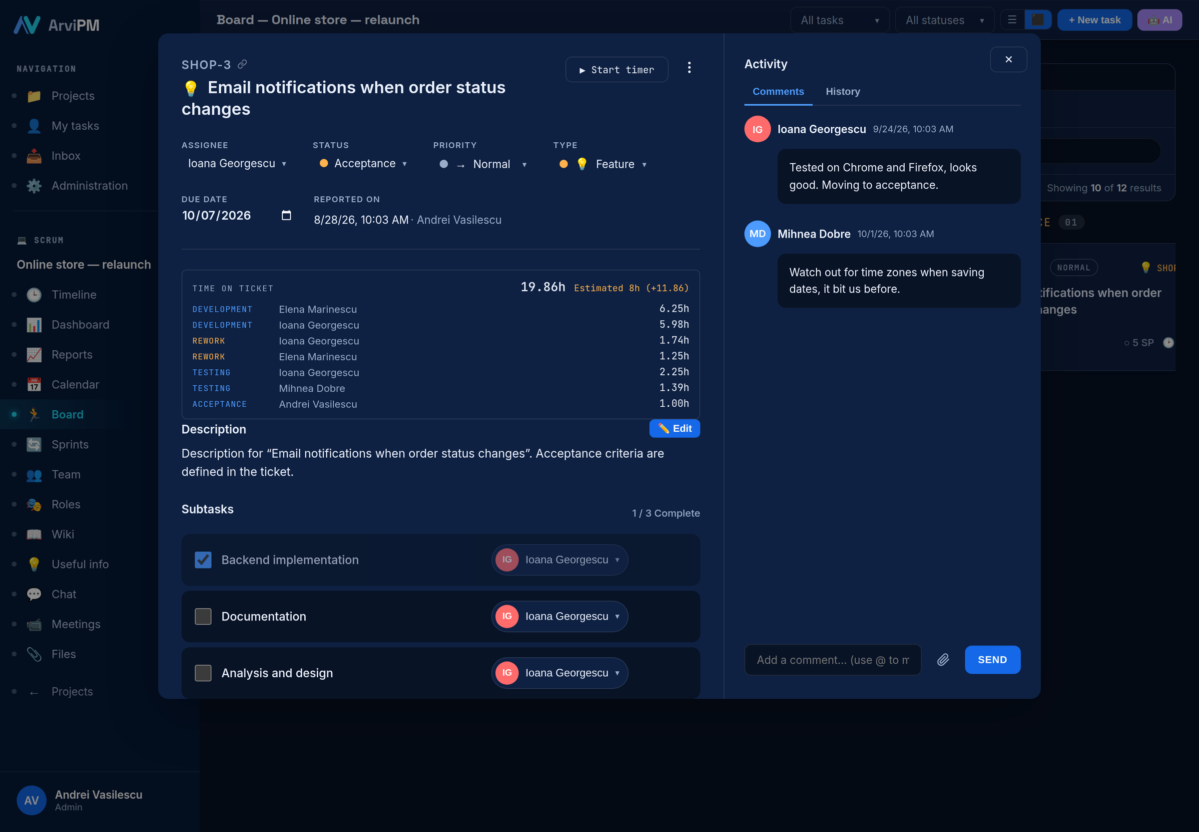 Detaliul unui ticket, cu timpul pe faze și activitatea