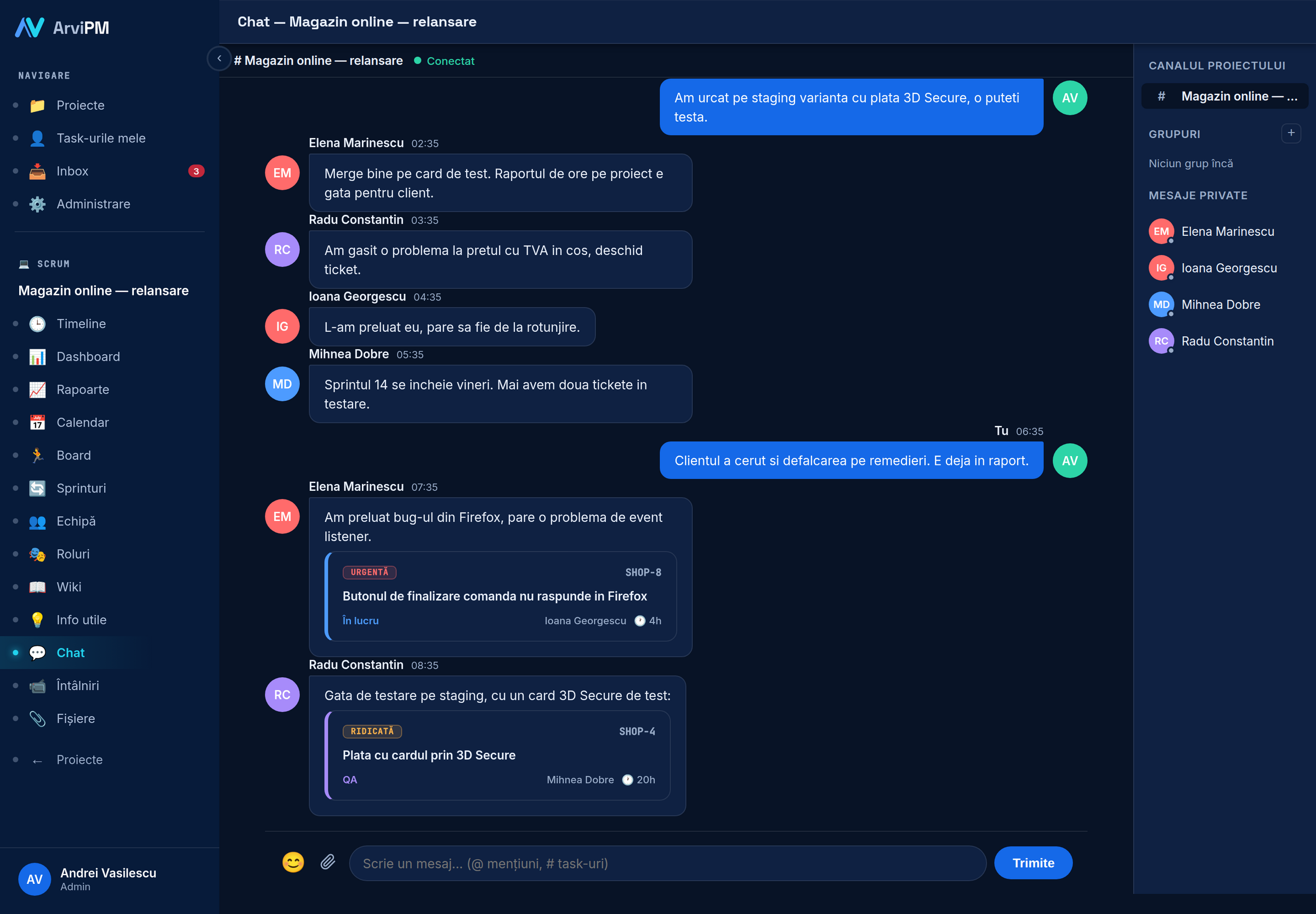 Chat de proiect, cu grupuri și mesaje private