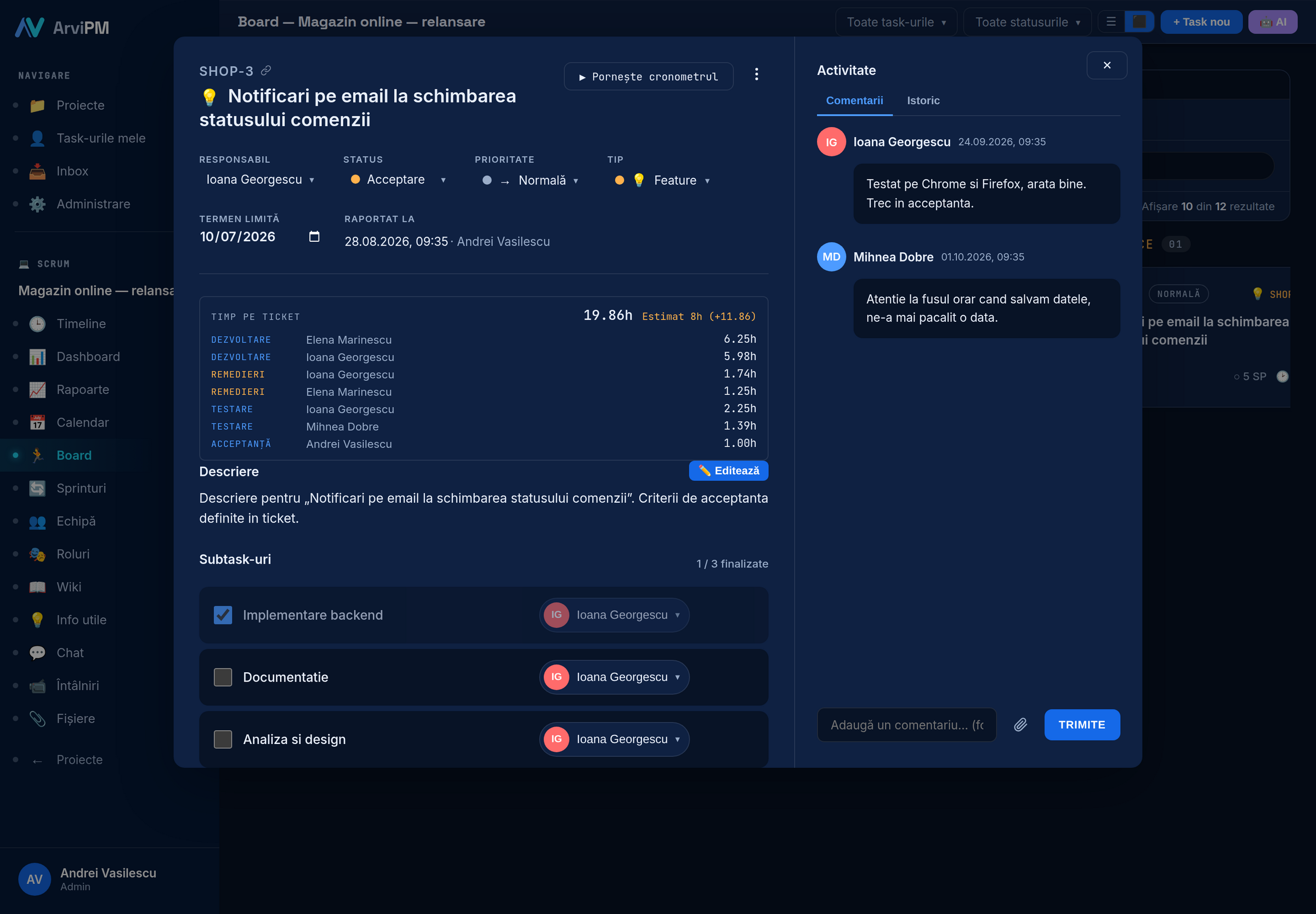 Detaliul unui ticket, cu timpul pe faze și activitatea