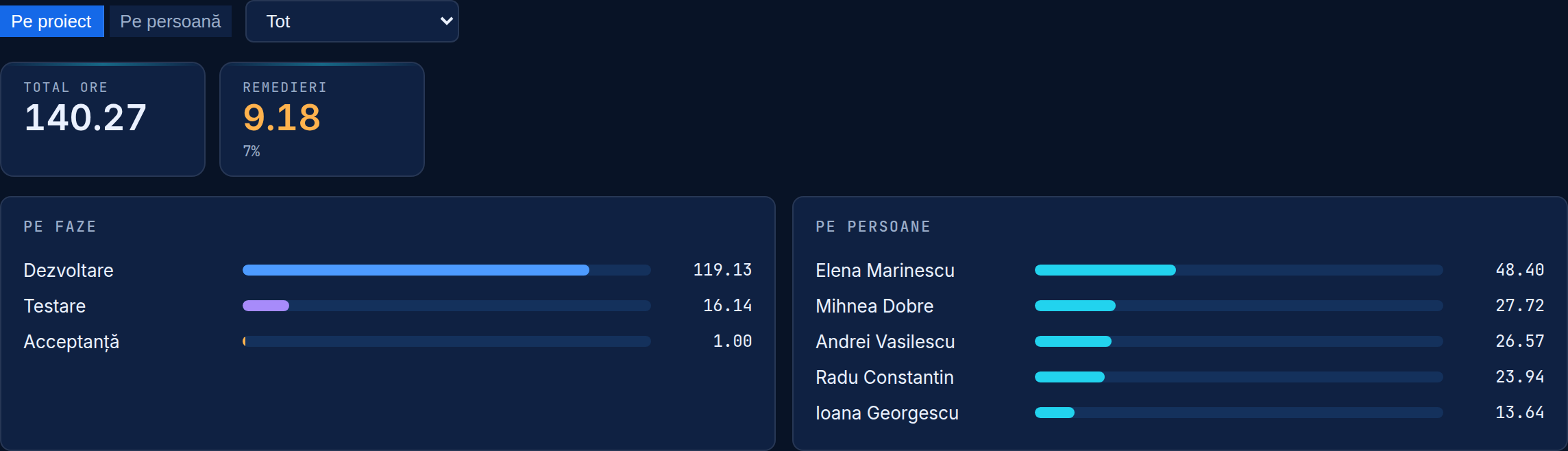 Detaliu din zona de rapoarte pe proiect