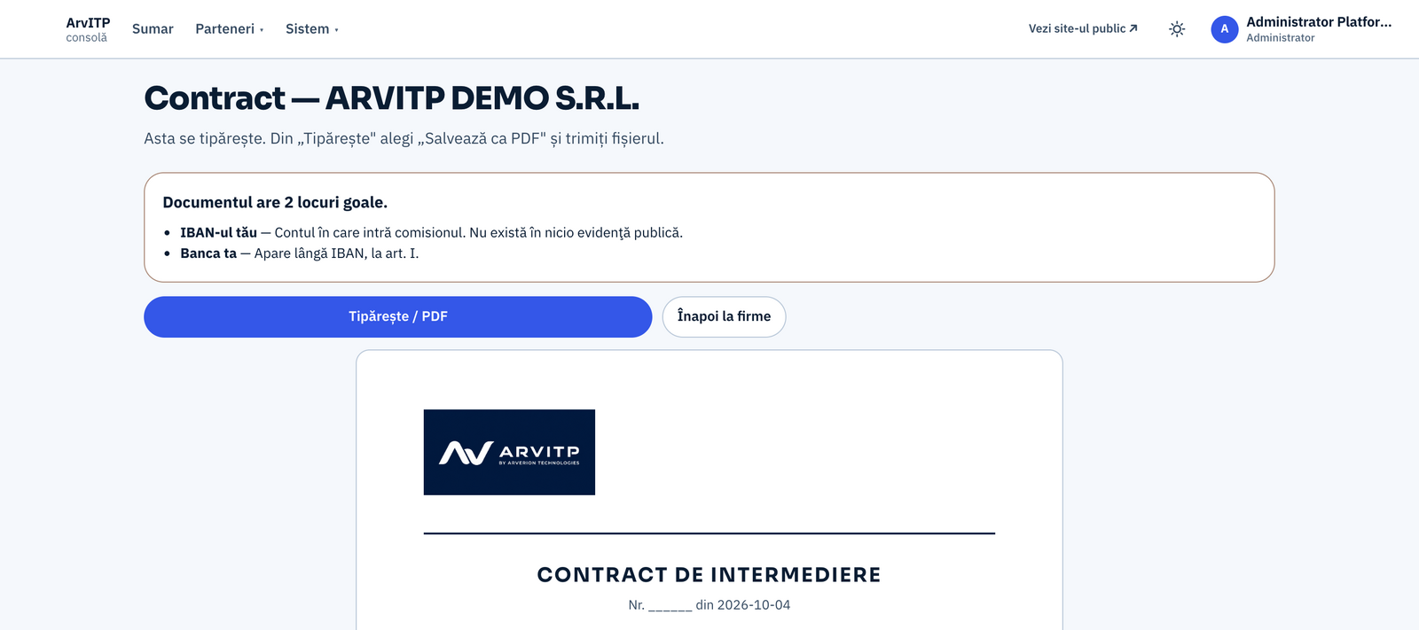 Preview of a contract generated from data