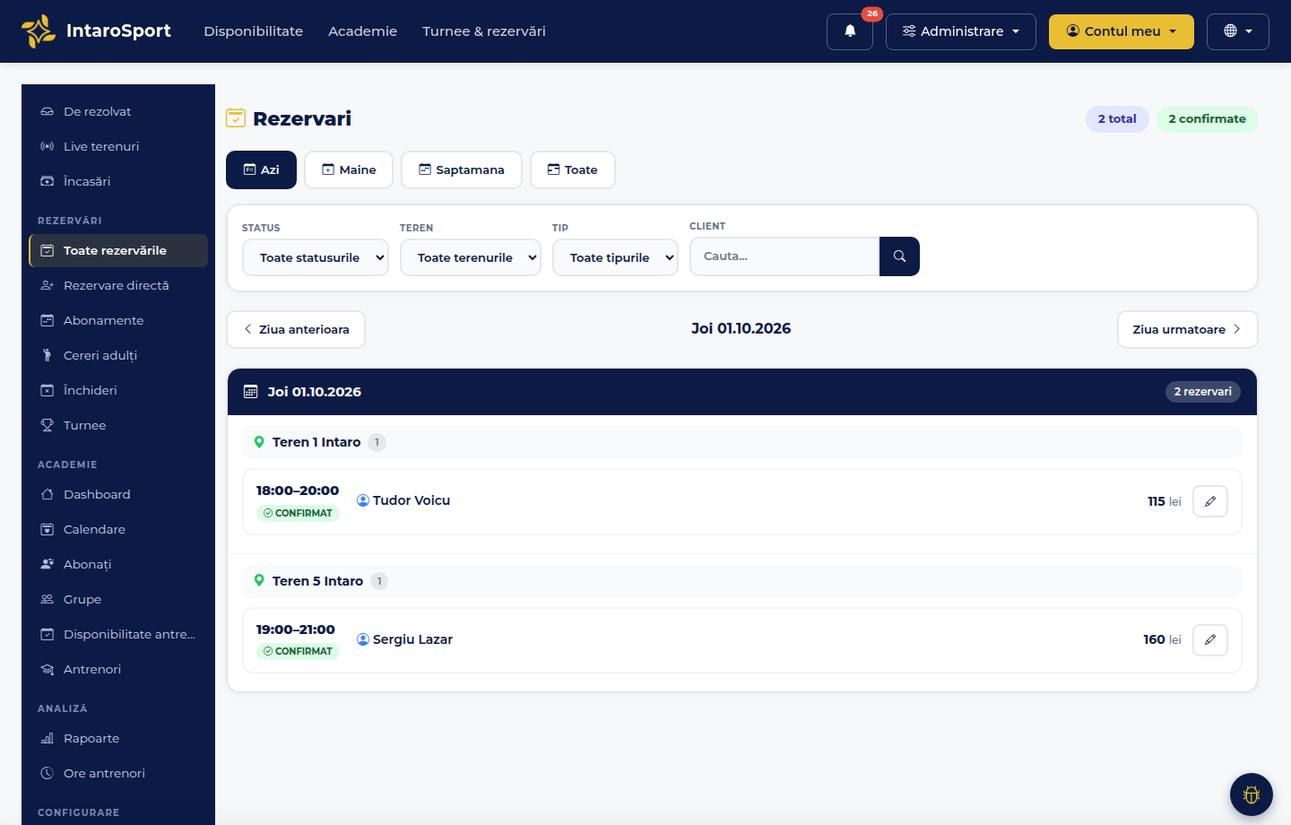 Daily bookings screen by court