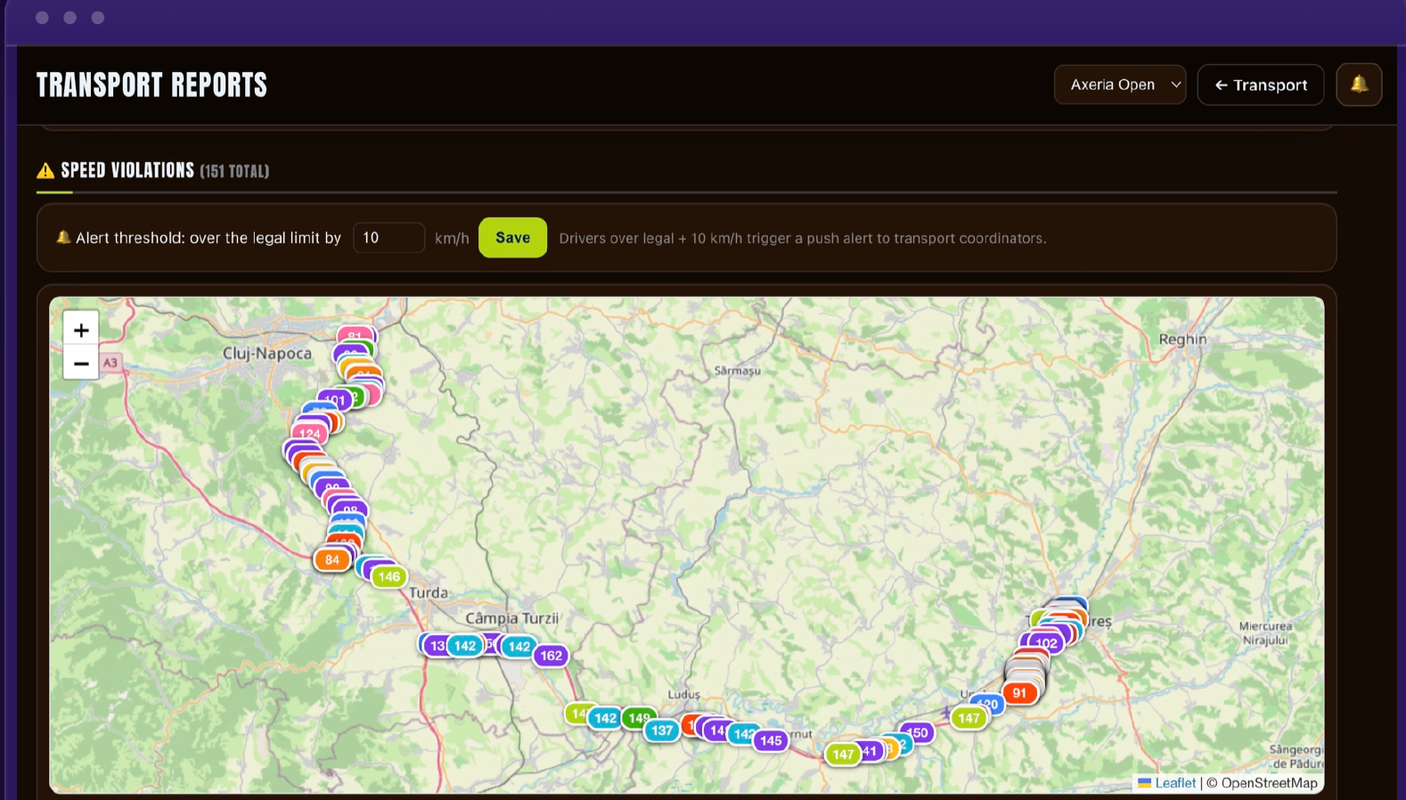 Transport speed-violation map